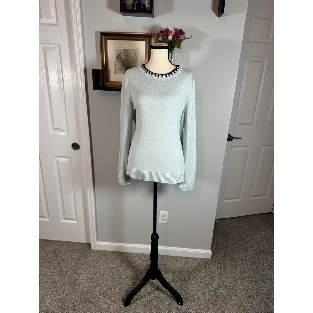 NIC+ZOE Womens Cashmere Blend Whipstitch Crewneck Sweater Light Mint Blue Large